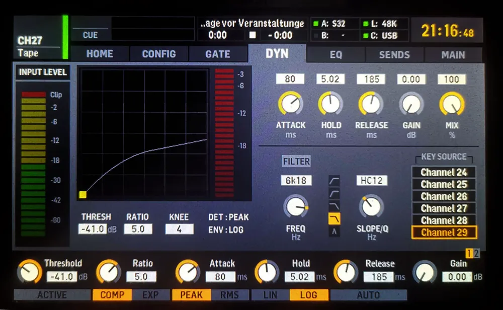 DJ Compressor im Audiokanal 27 wird durch Kanal 29 gesteuert